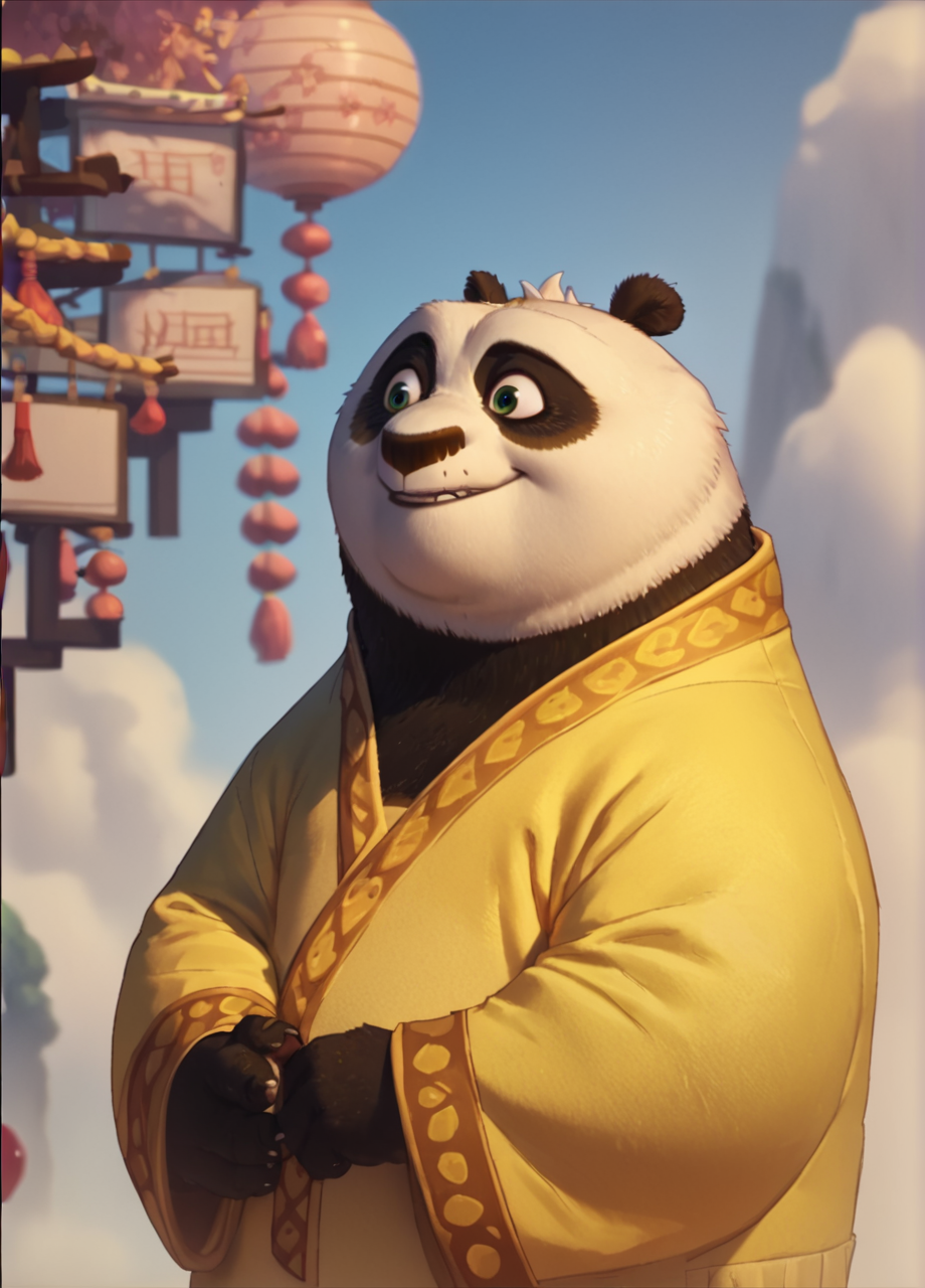 score_9, score_8_up, score_7_up, score_6_up, score_5_up, score_4_up, PO panda in a yellow robe, in front of a golden dragon, KFP1,  <lora:po_kfp1:1>