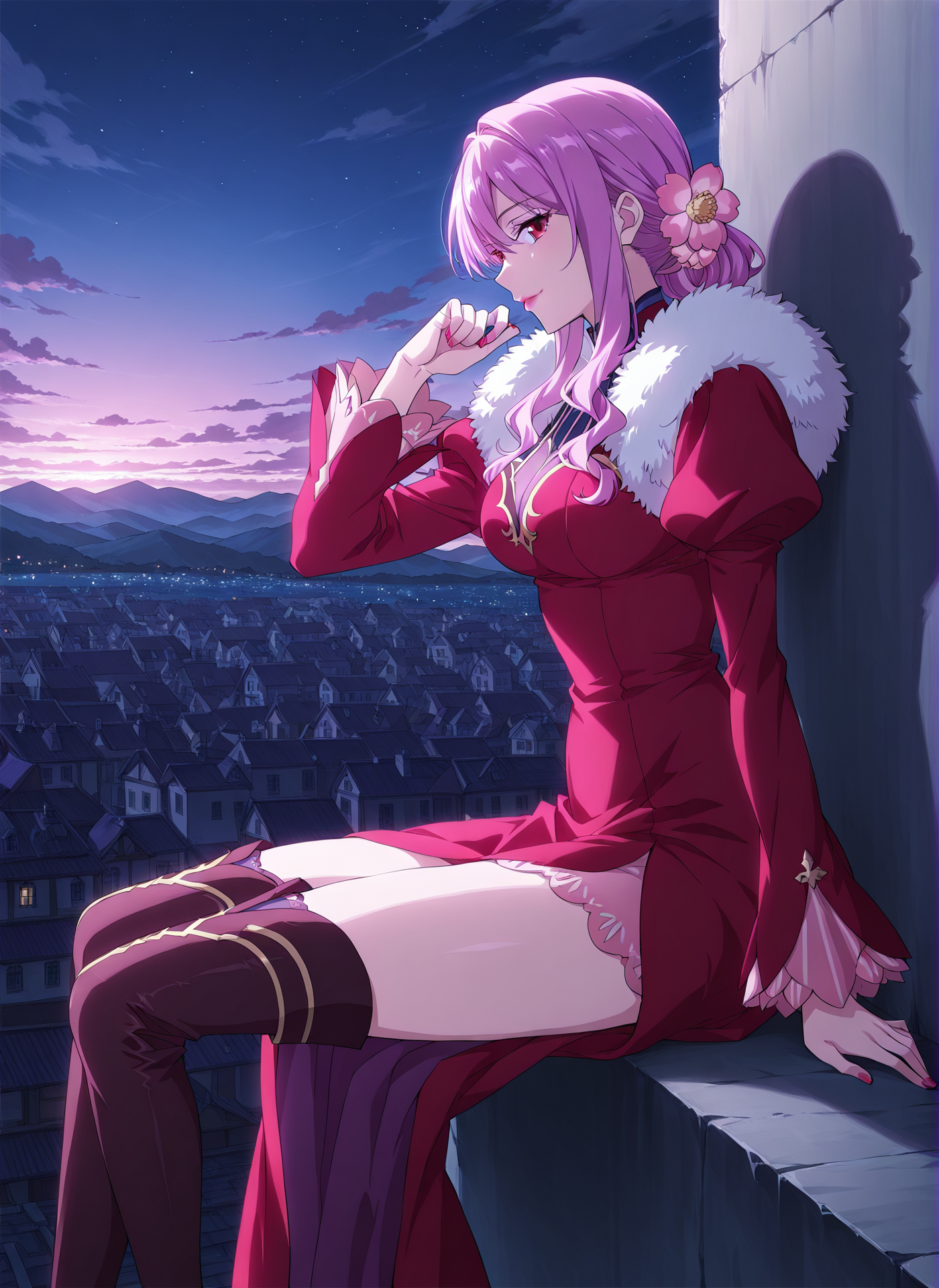 <lora:Hua_Jin__Battle_Through_the_Heavens__Illustrious:1>
1 girl, solo, red eyes, purple hair, pink hair, long hair, red dress, hair ornament, 
fur trim, lipstick, hair flower, thigh boots, 
score_9, score_8_up, score_7_up, score_6_up, source_anime, masterpiece, best quality, absurdres, highres, newest, anime coloring <break>  1girl, solo, sitting, on wall, from side, town, night sky, cloud