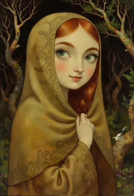 SecretKells Victorian era oil painting by Henrietta Rae, closeup upper body portrait of a beautiful young woman with red hair, her intricate Celtic-patterned cloak flowing softly around her, set against a dark forest backdrop. Her eyes reflect the soft glow of magical runes on the trees, while delicate swirling lines frame her face. Animated, stylized, detailed portrait, mystical atmosphere.