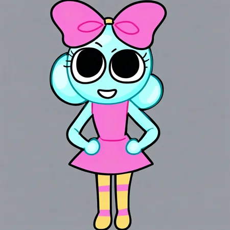 1girl, solo, cyan skin, pink bow, pink dress, yellow striped socks, black eyes, eyelashes, cartoony, cute