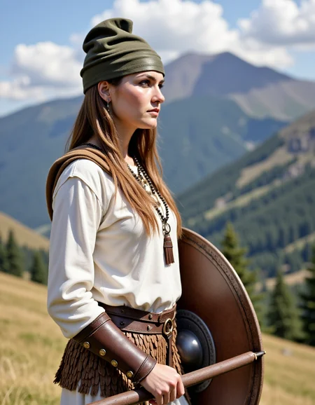 Dacian a woman with a falx and a white shirt is standing in front of a mountain. Woman wear a dacian hat and hold a dacian decorated ovel shield. <lora:DaciiV6:1>