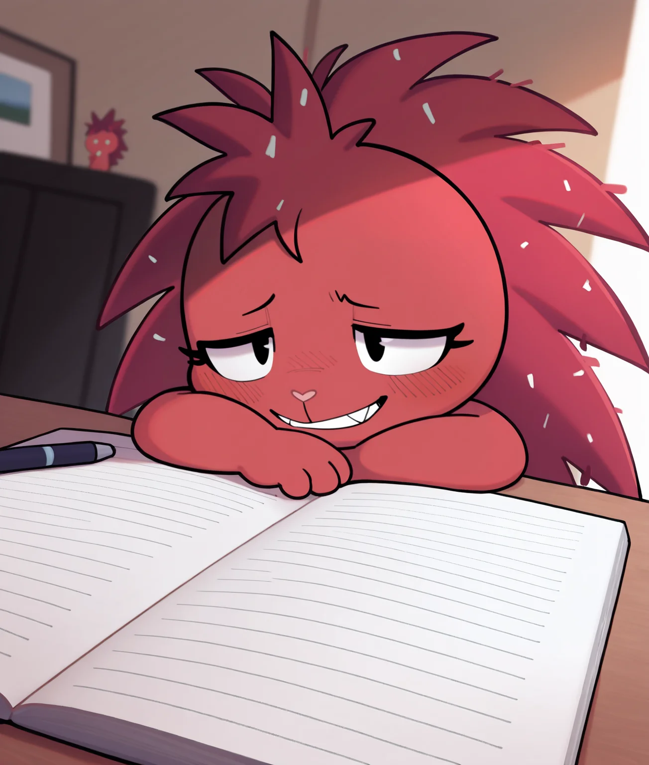 masterpiece, best quality, safe, (furry female:1.2), flaky \(htf\), solo, red fur, porcupine, spines, dandruff, evil grin, private study, writing in notebook, cinematic angle, focused, furrowed brows, hand resting on chin, warm tones, soft blush, intellectual, refined, figurine, photo, kotobukiya, 4k, shading, <segment:yolo-Canine.pt,0.2,0.4//cid=1><segment:yolo-Face.pt,0.2,0.4//cid=2>