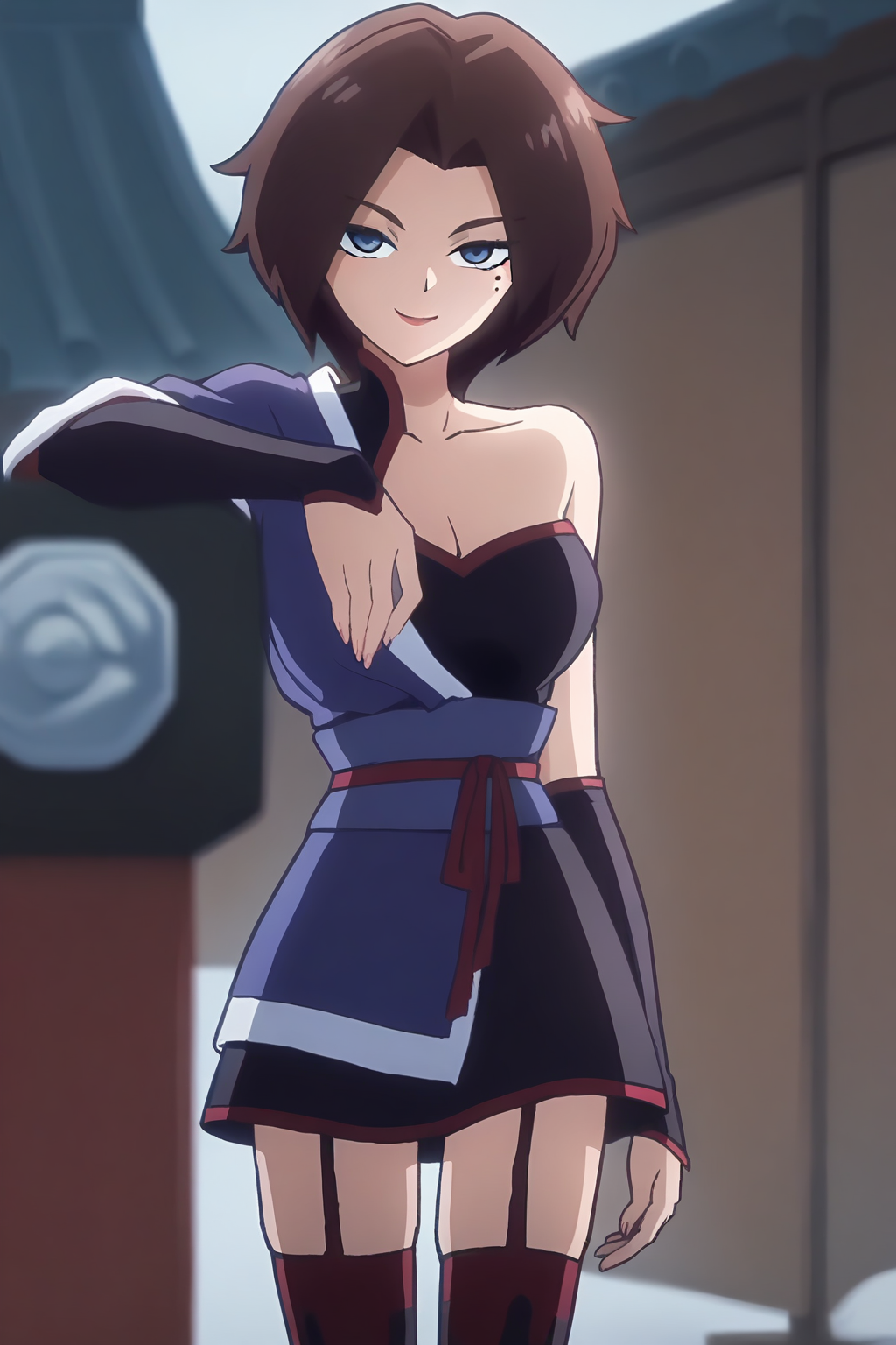 <lora:meihuashiyi:1>,meihuashiyi,1girl,solo,blue eyes,mole under eye,brown hair,short hair,parted bangs,single bare shoulder,cleavage,collarbone,thighhighs,garter straps,japanese clothes,smile,looking at viewer,, masterpiece,best quality,amazing quality,absurdres, anime screenshot, lazypos ,