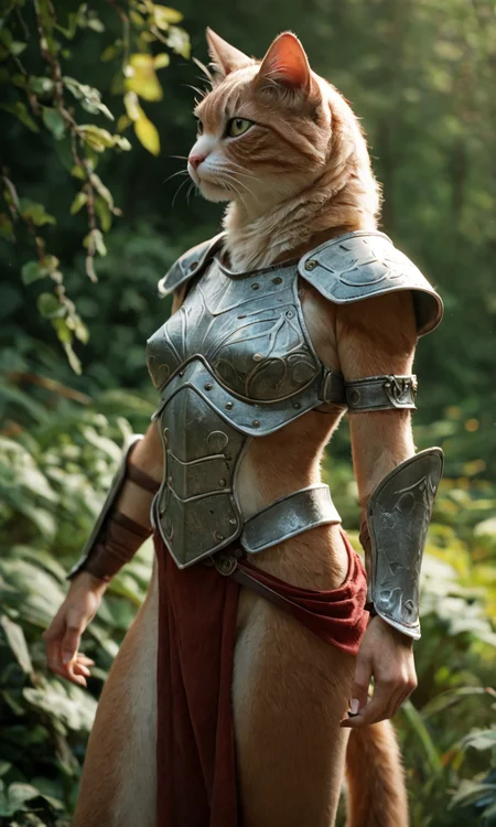 score_9, score_8_up, score_7_up, BREAK, female cat, furry, wearing sexy cloth armor, nature, fantasy, soft light, highly detailed, detailed skin, depth of field, film grain