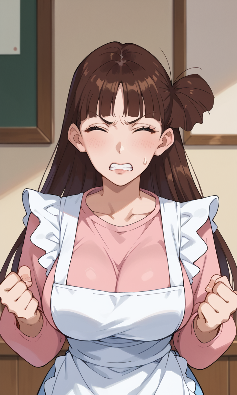 (1girl:1.5), (solo:1.3), (score_9, score_8_up, score_7_up, score_6_up, score_5_up, score_4_up), (source_anime), rating_questionable, looking at viewer, (upper body:1.3), indoors, angry, closed eyes,  sweatdrop, clenched teeth, clenched hands, hands hands up, 
(sakurada-moeko), (black eyes, eyelashes, brown hair, long hair, parody hair, voluminous bangs, fluffy bangs, mature female), (white frilled apron, full cover apron, pink shirt, long sleeves, light blue skirt), (huge breasts, wide hips, thick thighs), <lora:sakurada-moeko_v1:0.7>,