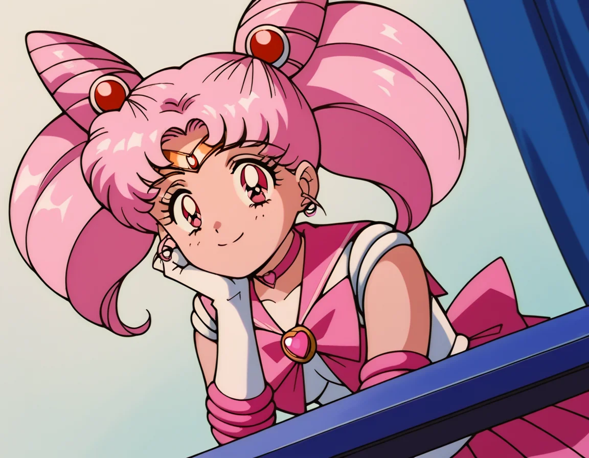 score_9, score_8_up, score_7_up, source_anime, <lora:chibiusa-tsukino-s3-ponyxl-lora-nochekaiser:1>, chibiusa, cone hair bun, double bun, hair bun, hair ornament, pink eyes, pink hair, short hair, twintails, circlet, parted bangs,, bow, brooch, choker, earrings, elbow gloves, gloves, heart, heart brooch, magical girl, pink bow, pink choker, pink sailor collar, pink skirt, pleated skirt, sailor collar, sailor senshi uniform, skirt, stud earrings, white gloves,, indoors, smile, looking at viewer, solo, sitting, head rest, table,, cowboy shot, dutch angle