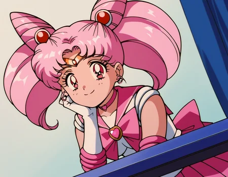 score_9, score_8_up, score_7_up, source_anime, <lora:chibiusa-tsukino-s3-ponyxl-lora-nochekaiser:1>, chibiusa, cone hair bun, double bun, hair bun, hair ornament, pink eyes, pink hair, short hair, twintails, circlet, parted bangs,, bow, brooch, choker, earrings, elbow gloves, gloves, heart, heart brooch, magical girl, pink bow, pink choker, pink sailor collar, pink skirt, pleated skirt, sailor collar, sailor senshi uniform, skirt, stud earrings, white gloves,, indoors, smile, looking at viewer, solo, sitting, head rest, table,, cowboy shot, dutch angle