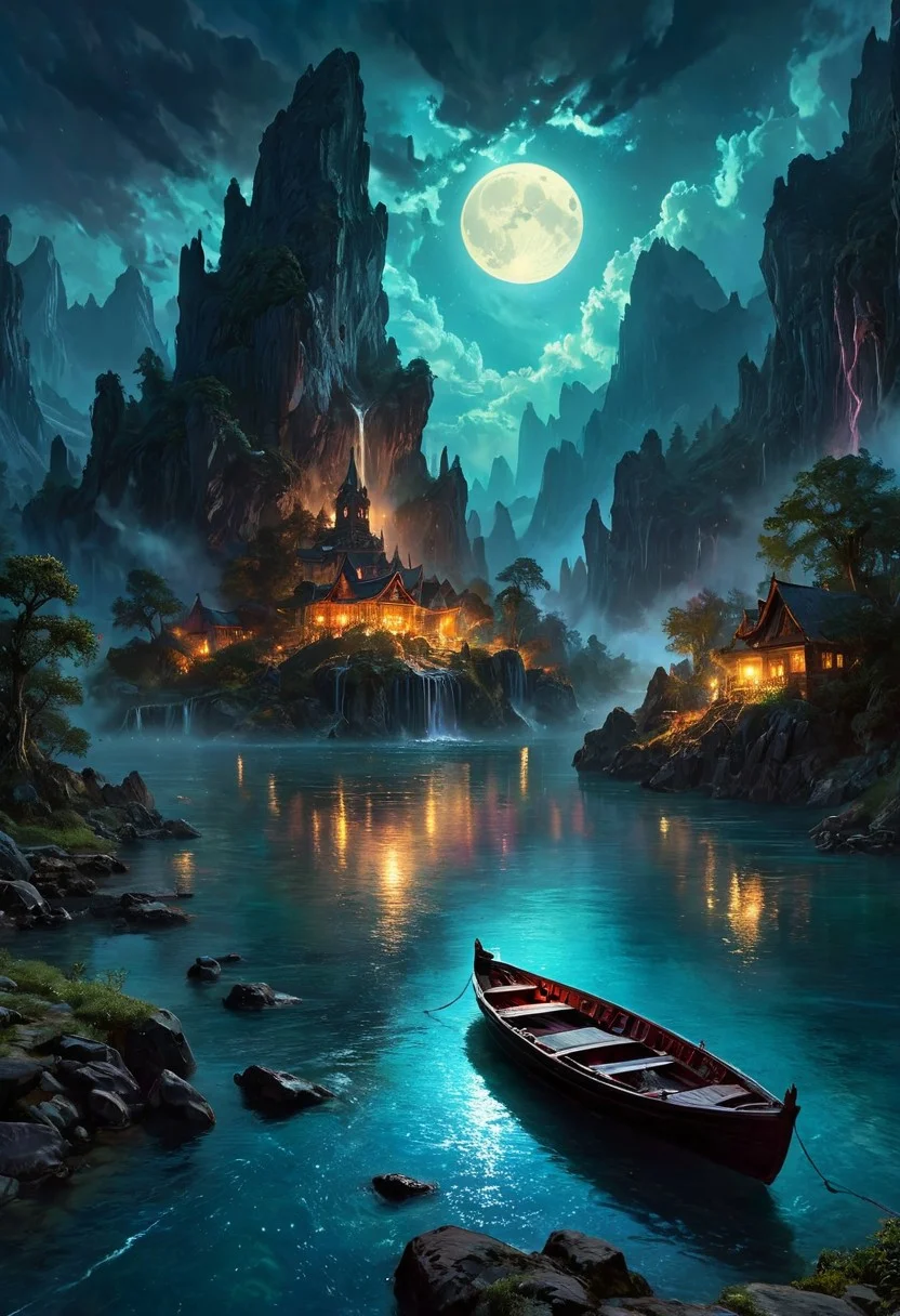 Under the eerie glow of a full moon, a dark and ominous landscape unfolds. A vibrant, colorful boat floats on the serene lake, its vivid hues contrasting starkly with the foreboding atmosphere. In the background, a waterfall cascades down jagged rocks, the water glistening in the moonlight. Thick, swirling clouds loom overhead, adding to the sense of an evil presence. The moonlight filters through the clouds, casting an otherworldly glow over the scene. A falling star streaks across the sky, adding a touch of mysticism to the night. The air is thick with a sense of ancient secrets and dark magic, as if the very night is alive with hidden power. As daylight breaks, light glows on the landscape, illuminating the boat and the surrounding scenery with a surreal brightness. [romantic impressionism,dream scenery art,beautiful oil matte painting,romantic,style of thomas kinkade,beautiful digital painting,anime landscape,romantic painting,dreamlike digital painting,colorful painting,beautiful gorgeous digital art,style of greg rutkowski,janek sedlar,jenny saville:0] <lora:vivid_everclear:0.6> <lora:Sinozick:0.65>