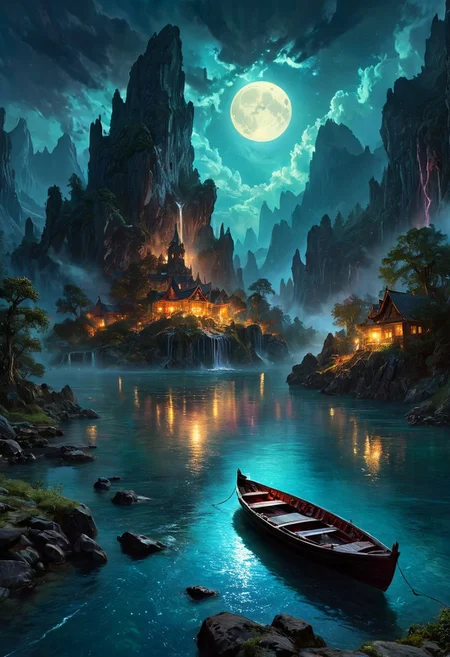 Under the eerie glow of a full moon, a dark and ominous landscape unfolds. A vibrant, colorful boat floats on the serene lake, its vivid hues contrasting starkly with the foreboding atmosphere. In the background, a waterfall cascades down jagged rocks, the water glistening in the moonlight. Thick, swirling clouds loom overhead, adding to the sense of an evil presence. The moonlight filters through the clouds, casting an otherworldly glow over the scene. A falling star streaks across the sky, adding a touch of mysticism to the night. The air is thick with a sense of ancient secrets and dark magic, as if the very night is alive with hidden power. As daylight breaks, light glows on the landscape, illuminating the boat and the surrounding scenery with a surreal brightness. [romantic impressionism,dream scenery art,beautiful oil matte painting,romantic,style of thomas kinkade,beautiful digital painting,anime landscape,romantic painting,dreamlike digital painting,colorful painting,beautiful gorgeous digital art,style of greg rutkowski,janek sedlar,jenny saville:0] <lora:vivid_everclear:0.6> <lora:Sinozick:0.65>