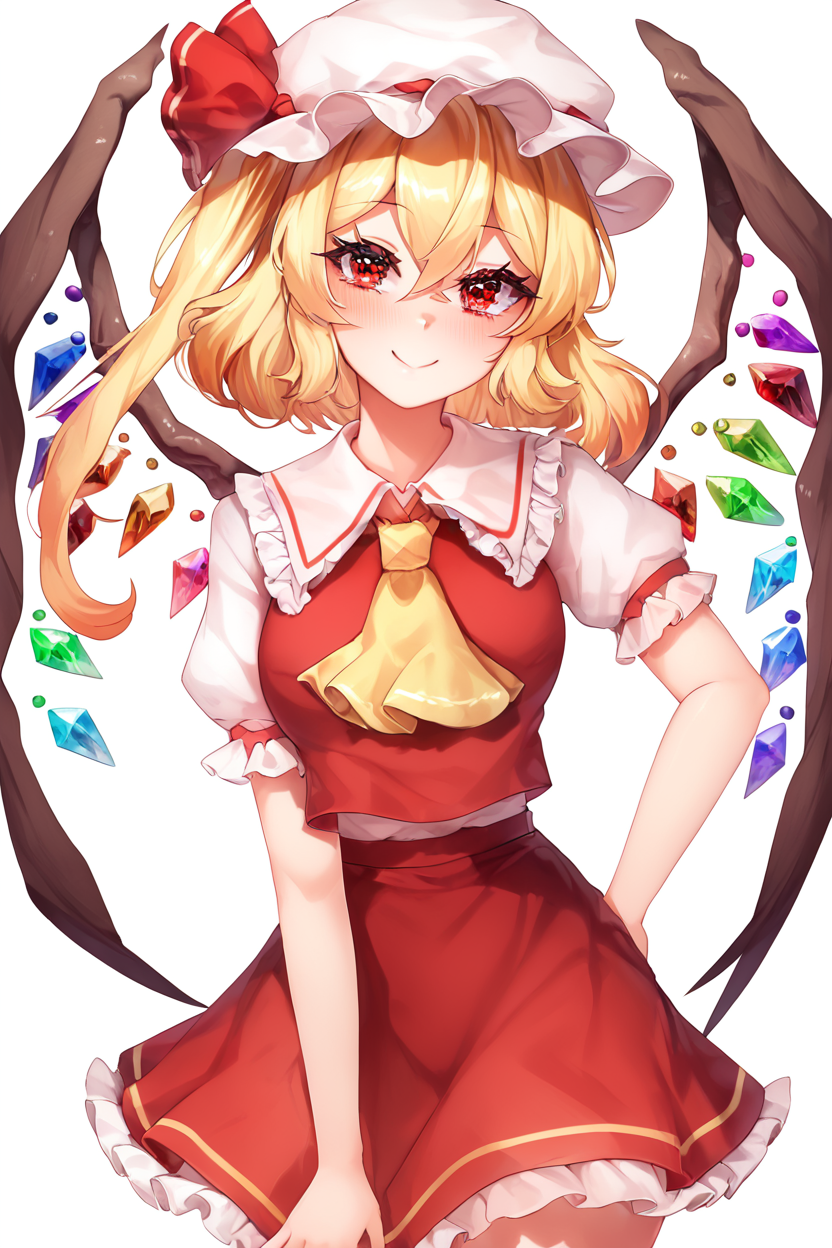score_9, score_8_up, score_8, medium breasts, (curvy), cute, eyelashes,       BREAK, ,  ,,,  zzFlandre, red eyes, blonde hair, one side up, hair between eyes,  wings, ascot, red skirt, hat ribbon, short sleeves, puffy sleeves, mob cap, red shirt,  <lora:FlandreTouhou_PDXL:0.8>,   ,,, , BREAK, smile, closed mouth, looking at viewer, cowboy shot, ,,, embedding:zPDXL, Expressiveh, ,,, <lora:Puppypaww_Style_PDXL_v2:0.8>, <lora:SDXLFaeTastic2400:0.5>, <lora:Expressive_H-000001:0.4>,