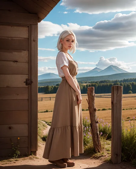(Two-shot:1.4), (Sn0frid_v1, white hair:1.3), medium bosom, (style of Dorothea Lange) rugged frontier homestead woman, 1800s Montana, linen blouse, long skirt, apron, practical sturdy boots, earthy tones, natural fibers, rustic charm, sepia-toned aesthetic, arid golden prairie, wooden cabin, wildflowers, cracked soil, farm tools, weathered textures, sun-dappled lighting, determined expression, confident pose, wind-tousled hair, (dramatic clouds:1.2), vast open landscape, vintage authenticity, pioneering spirit ,