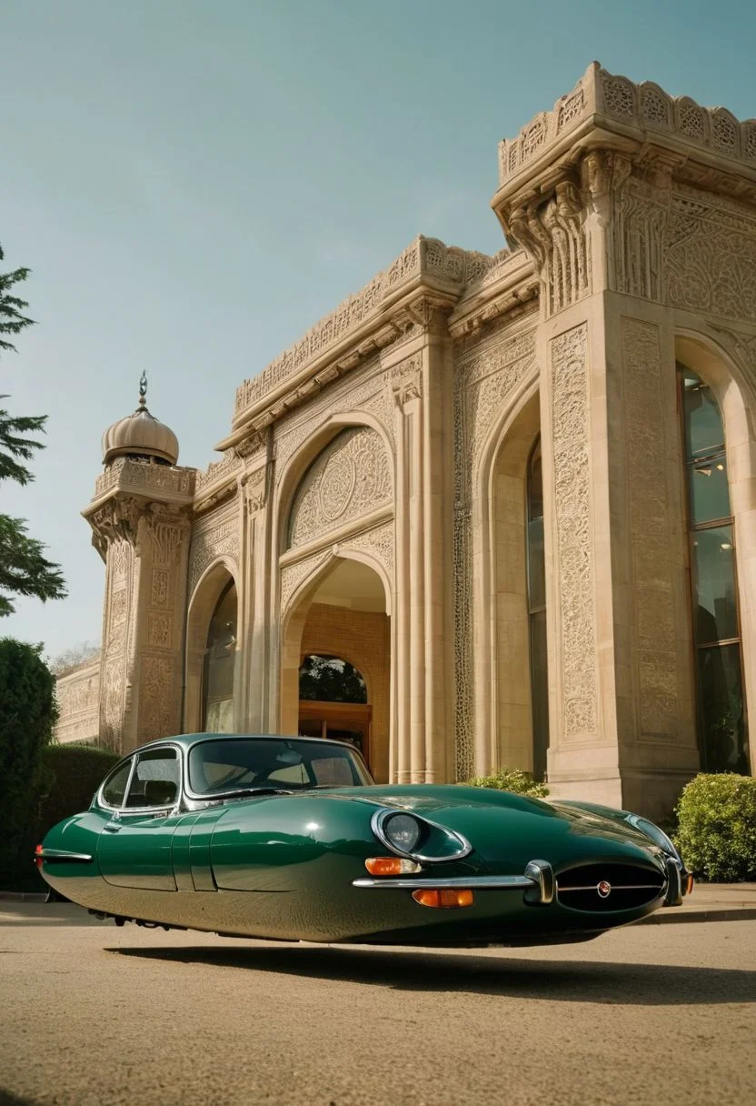 (low angle shot:1.4),dynamic angle, an editorial photo of a dark green Jaguar E-type style Hovering_Car parked in front of a library in the style of Art Deco old Persian House architecture, highly detailed, clean lines, fine art photography, award winning photography, film grain,Persian Girl,