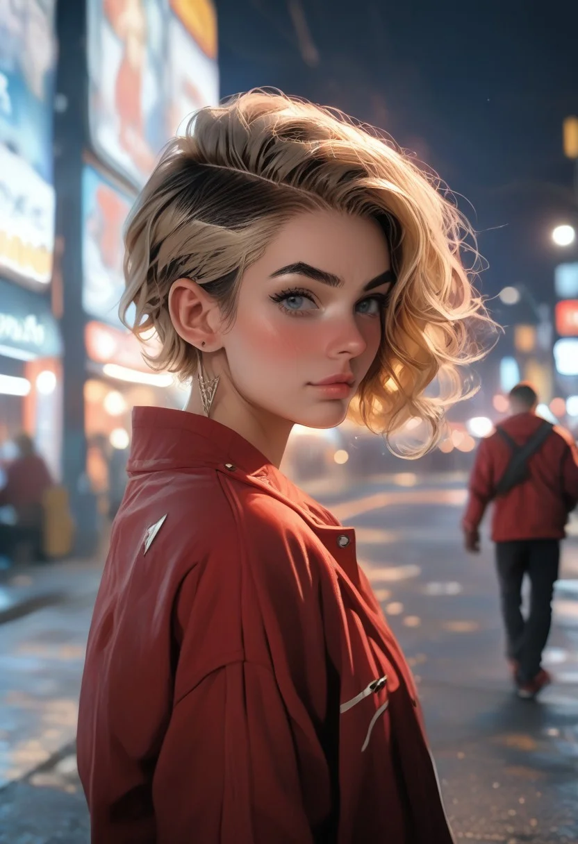 score_9, score_8_up, score_7_up, 1girl ( undercut light blonde, medium breasts, plump ass, wonder woman custom, red jacket, ), blush, seductive, seductive pose, in street at night, masterpeice, cinematic lgiht,