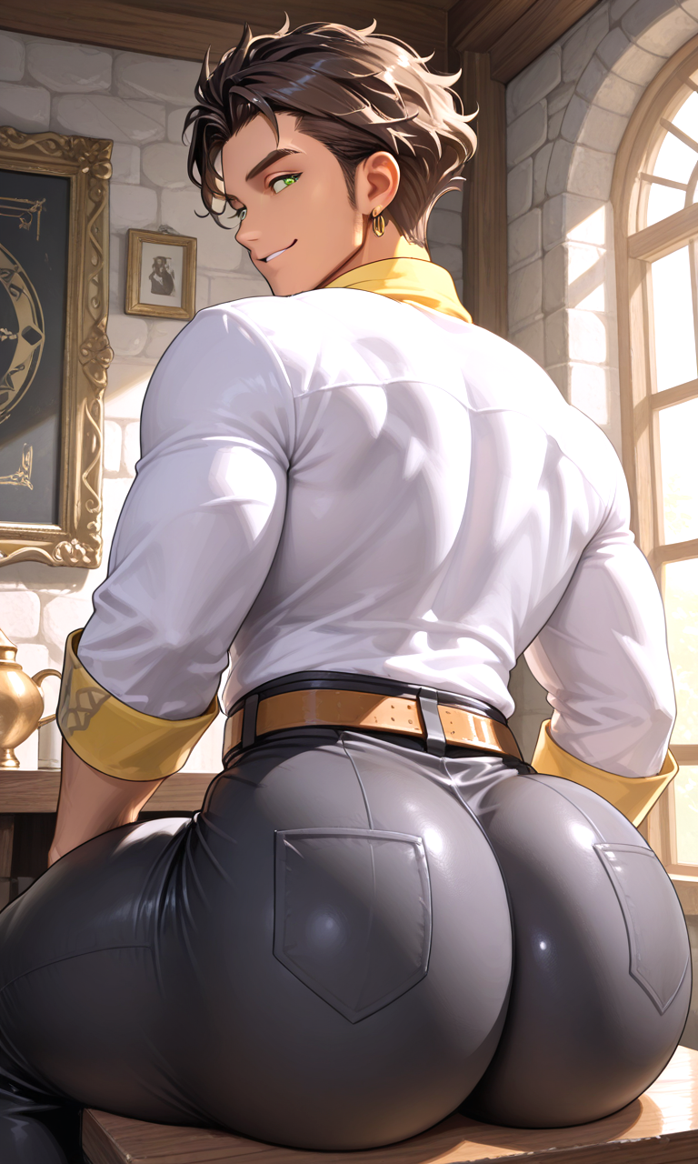 masterpiece, best quality, very awa, perfect lighting, claude von riegan, 1boy, solo, brown hair, curly hair, green eyes, prince, fully clothing, slick back hair, black pants, tight pants, mature male, big eyes, green eyes, brown hair, tall and handsome, large pectoral, big pecs, athletic build, narrow waist, thick thighs, upper body focus, indoors, belt, silver monastery, silvery earrings, sitting, massive ass, fat ass, perfect bubble butt, from behind, looking back at viewer, gay, yaoi, butt focus, pulling down pants, nsfw, smiling big, smirking, prince