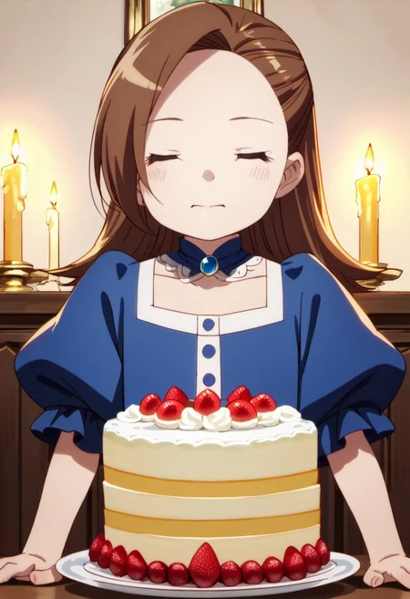 score_9, score_8_up, score_7_up, source_anime, katarina claes, female child, child, brown hair, blue eyes, 1girl, food, solo, closed eyes, cake, candle, short sleeves, facing viewer, dress, puffy sleeves, long hair