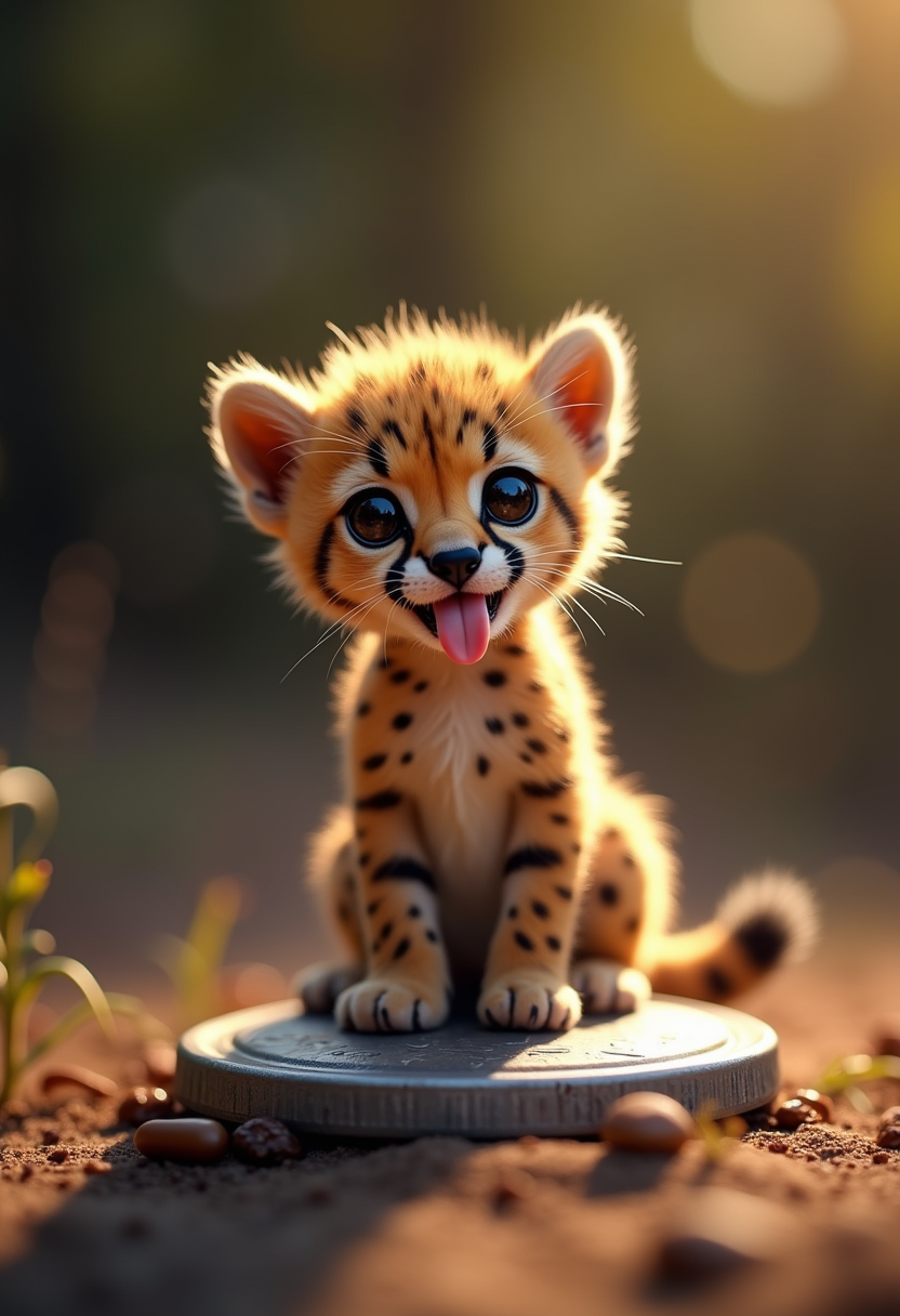 A nano cheetah cub sticking oiut it's tongue sitting on a dime, bokeh background, vibrant, extreme details, reflective surface, cinematic lighting
