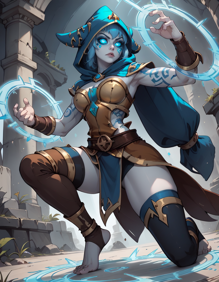 score_9, score_8_up, score_7_up,score_6_up, score_5_up, score_4_up ,1girl, solo,
large breasts,
eliotropedg,
blue eyes, tattoo, blue hair, facial mark, colored sclera, 
thighhighs, armor, belt, toeless legwear, hood,pale skin, barefoot,
from below, magic, magic circle, glowing, glowing eyes,
light particles, forest, ruins, 
fighting stance,
looking at viewer, 
<lora:EliotropeDG PonyXL v01:0.90>