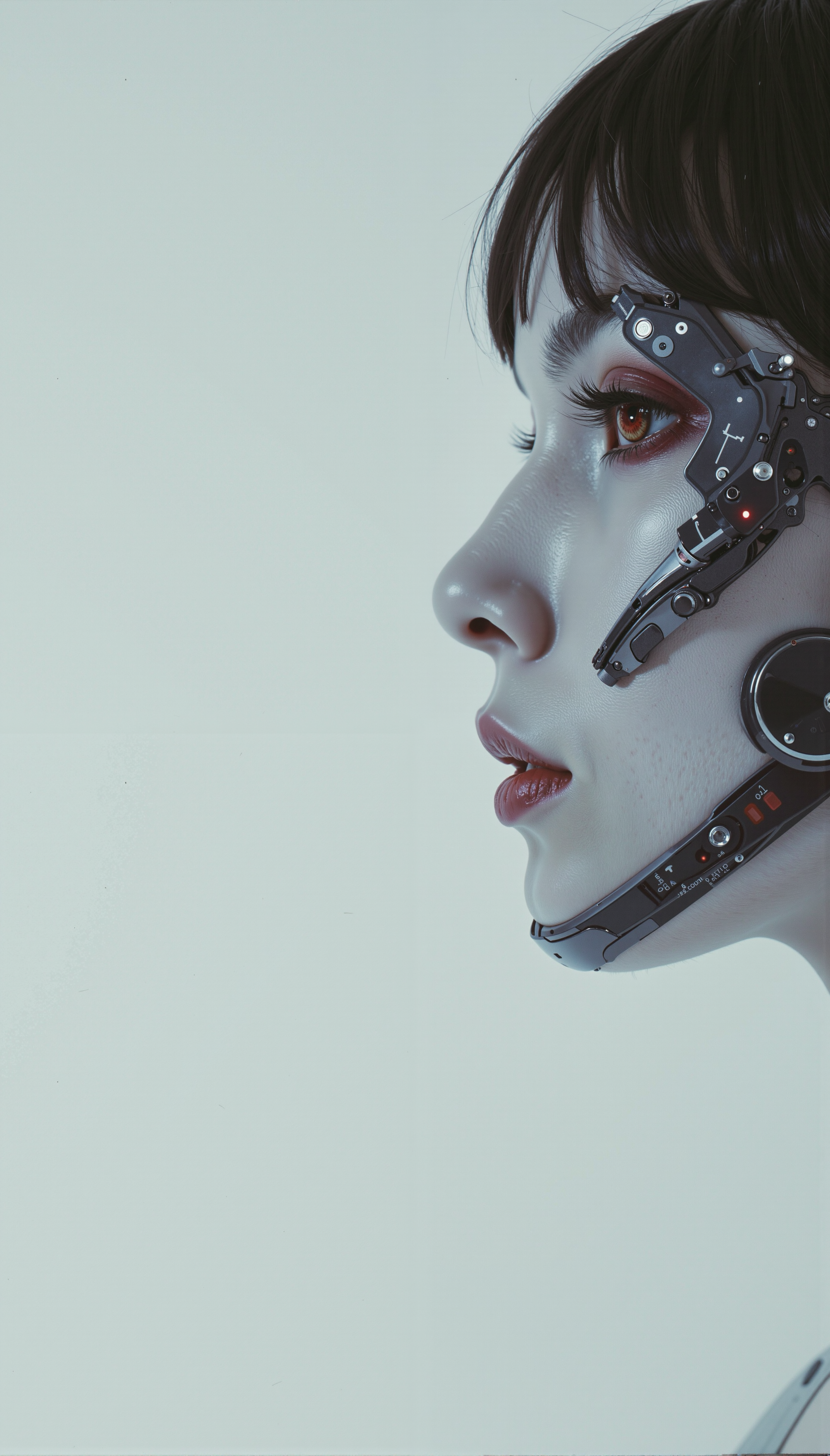 Captivating minimalist portrait of a shy and alluring (semi-cyborg:1.2) woman. The left half of her face is visible, with her delicate features flowing smoothly into the clean white canvas. There are cybernetics, human-machine fusion, dystopia, organic meets artificial, darkness, intricacy, futurism, technology, cybernetic enhancement, running across her face. Her soft bright red lips contrast against the monotone black background, drawing the viewer's attention. Her cybernetic eyes hold a subtle, enigmatic expression, radiating a simultaneously haunting and enchanting vibe. The simplicity of the composition with its stark contrast evokes a sense of ethereal beauty. <lora:RM_TacExoGear_v0.2.safetensors:0.70>, stylized by Hiroshi Teshigahara and Dardenne Brothers, photograph, In the midst of an intense, dramatic scene, a dlsr with sharp focus and fiery red eyes gazes intently at a target. The background is a vivid blend of colors, with bold lines forming a striking contrast against the muted tones of the scene. The air is thick with tension, as the camera zooms in on a powerful explosion of energy that seems almost too deep for the viewer's eye. This portrait is not just action, but rather expression. Cozy, Polaroid, 80mm