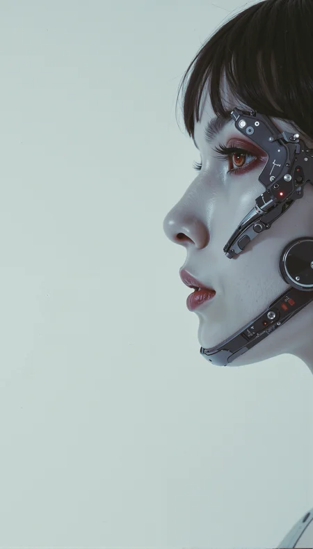Captivating minimalist portrait of a shy and alluring (semi-cyborg:1.2) woman. The left half of her face is visible, with her delicate features flowing smoothly into the clean white canvas. There are cybernetics, human-machine fusion, dystopia, organic meets artificial, darkness, intricacy, futurism, technology, cybernetic enhancement, running across her face. Her soft bright red lips contrast against the monotone black background, drawing the viewer's attention. Her cybernetic eyes hold a subtle, enigmatic expression, radiating a simultaneously haunting and enchanting vibe. The simplicity of the composition with its stark contrast evokes a sense of ethereal beauty. <lora:RM_TacExoGear_v0.2.safetensors:0.70>, stylized by Hiroshi Teshigahara and Dardenne Brothers, photograph, In the midst of an intense, dramatic scene, a dlsr with sharp focus and fiery red eyes gazes intently at a target. The background is a vivid blend of colors, with bold lines forming a striking contrast against the muted tones of the scene. The air is thick with tension, as the camera zooms in on a powerful explosion of energy that seems almost too deep for the viewer's eye. This portrait is not just action, but rather expression. Cozy, Polaroid, 80mm
