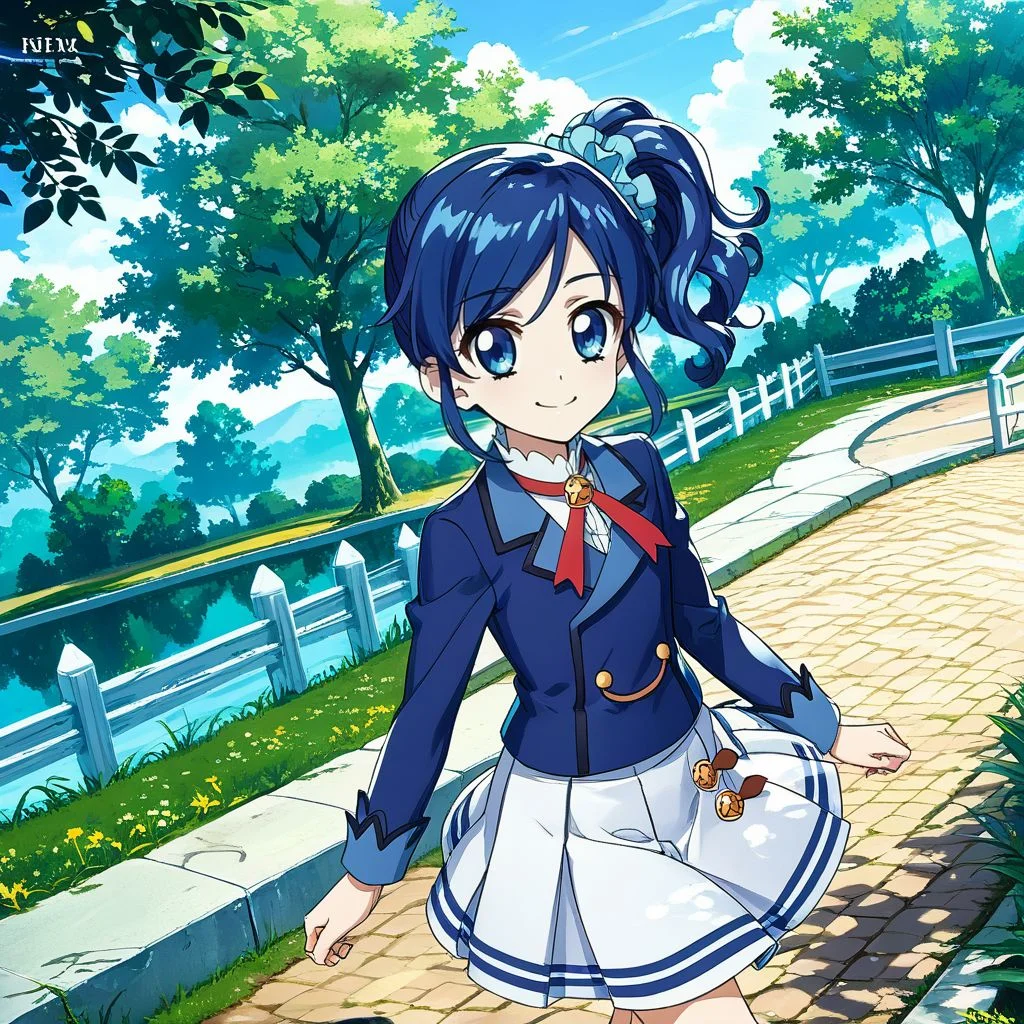 score_9, score_8_up,score_7_up,game cg,official art, uncensored, convenient censoring, covering privates,
rating_safe,
modeling, expressive hair, expressive clothes, dutch angle,wind
shadow,sunbeam,tree,pond,fence,
walking, from above, smile,looking at viewer, upper body,
kiriya aoi, blue hair, blue eyes, side ponytail, long hair,hair scrunchie, blue scrunchie, , <lora:aoinesan:0.8>,starlight academy school uniform,,blue jacket,white skirt