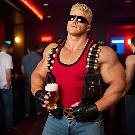 DukeNukem1024, a muscular blond man with sunglasses, drink a beer in a stripclub, highly detailed, photography, ultra sharp, film, professional, 64k <lora:add-detail-xl:1.5> <lora:DukeNukem1024:0.8>