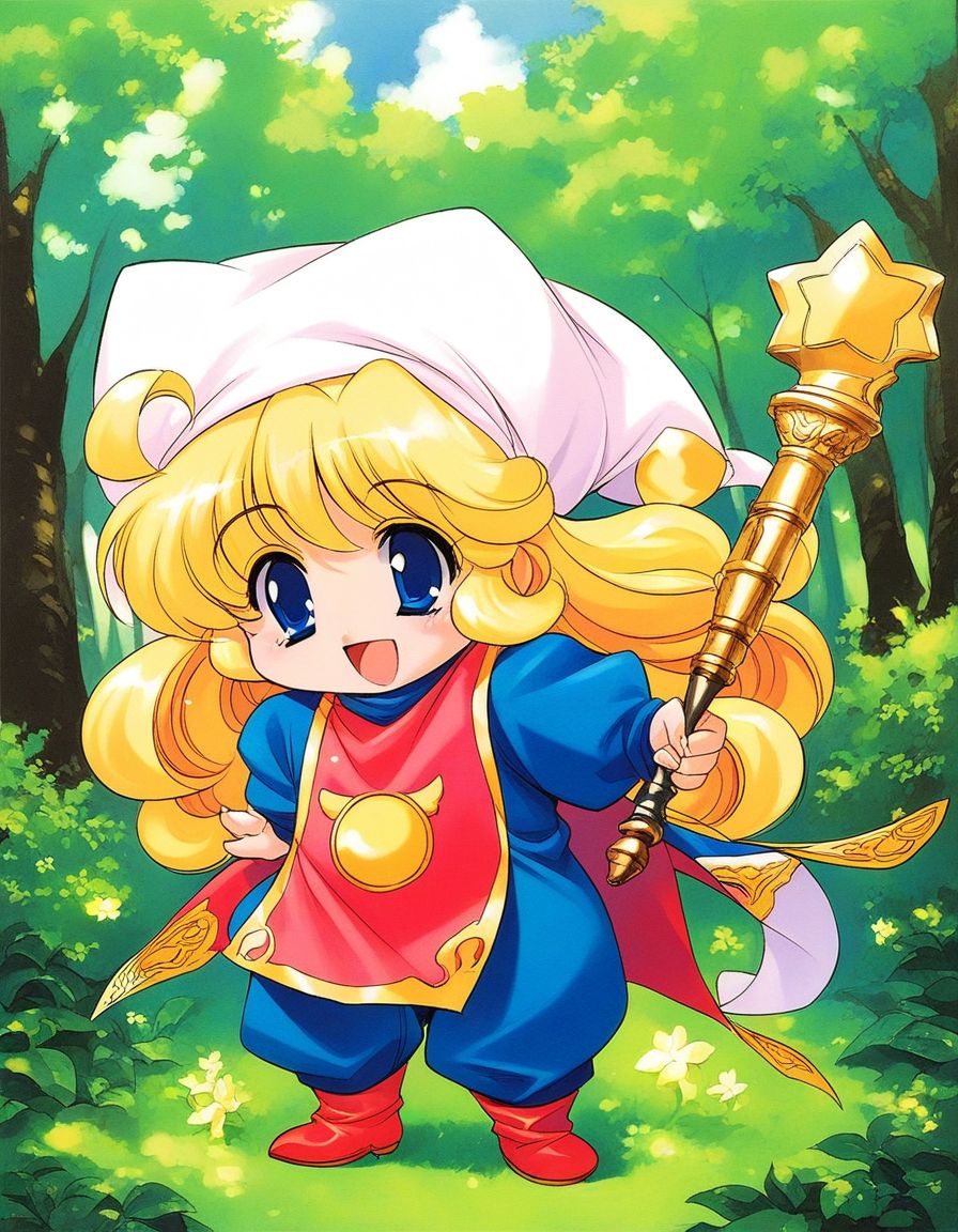 score_9, score_8_up, score_7_up, source_anime, rating_explicit, BREAK  <lora:Charlotte_seiken_densetsu3_XL:1>
Charlotte_seiken, 1girl, solo, blonde hair, long hair, blue eyes,  full body, chibi,　morning star, retro artstyle,
 hat, open mouth, boots, smile,  holding, curly hair, weapon, 
forest,