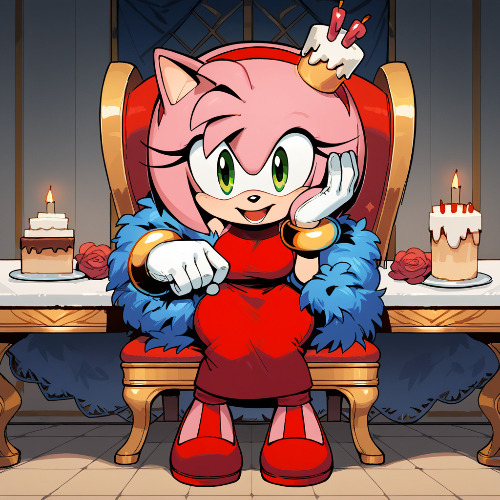 score_9, score_8_up, score_7_up, score_6_up, score_5_up, score_4_up, BREAK,  <lora:Amy_Rose:1>, amy rose, 1girl, looking at viewer,  gloves, dress, jewelry, standing, full body, hairband, food, shoes, sleeveless, white gloves, skin tone arms, bracelet, sitting, chair, indoors,  red dress, crown, red footwear, furry, cake, furry female, red hairband, animal nose, solo, green eyes, animal ears, pink hair, pink fur, large breasts, wide hips, open mouth happy, expression,  <lora:Expressive_H:1>, expressiveh