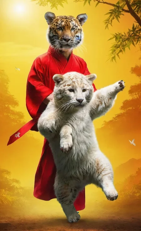 best quality, masterpiece, creative bio poster, animal, kungfu, 1boy, complex background, <lora:åæ:0.8>