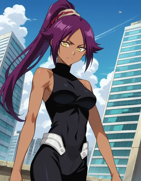 score_9, score_8_up, score_7_up, source_anime,
yoruichishihouin, <lora:yoruichi-shihouin-ponyxl-lora-nochekaiser:1>
yoruichi shihouin, long hair, yellow eyes, ponytail, purple hair, dark skin, dark-skinned female,
bodysuit, black bodysuit, bare arms, bare shoulders,
outdoors, cityscape,
looking at viewer, dutch angle, cowboy shot,