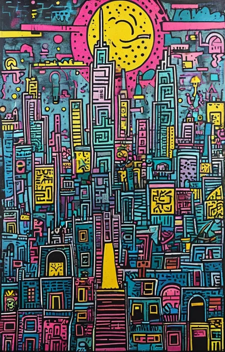 masterpiece,best quality,<lora:tbh164-sdxl:0.9>,illustration,style of Keith Haring, cyberpunk city