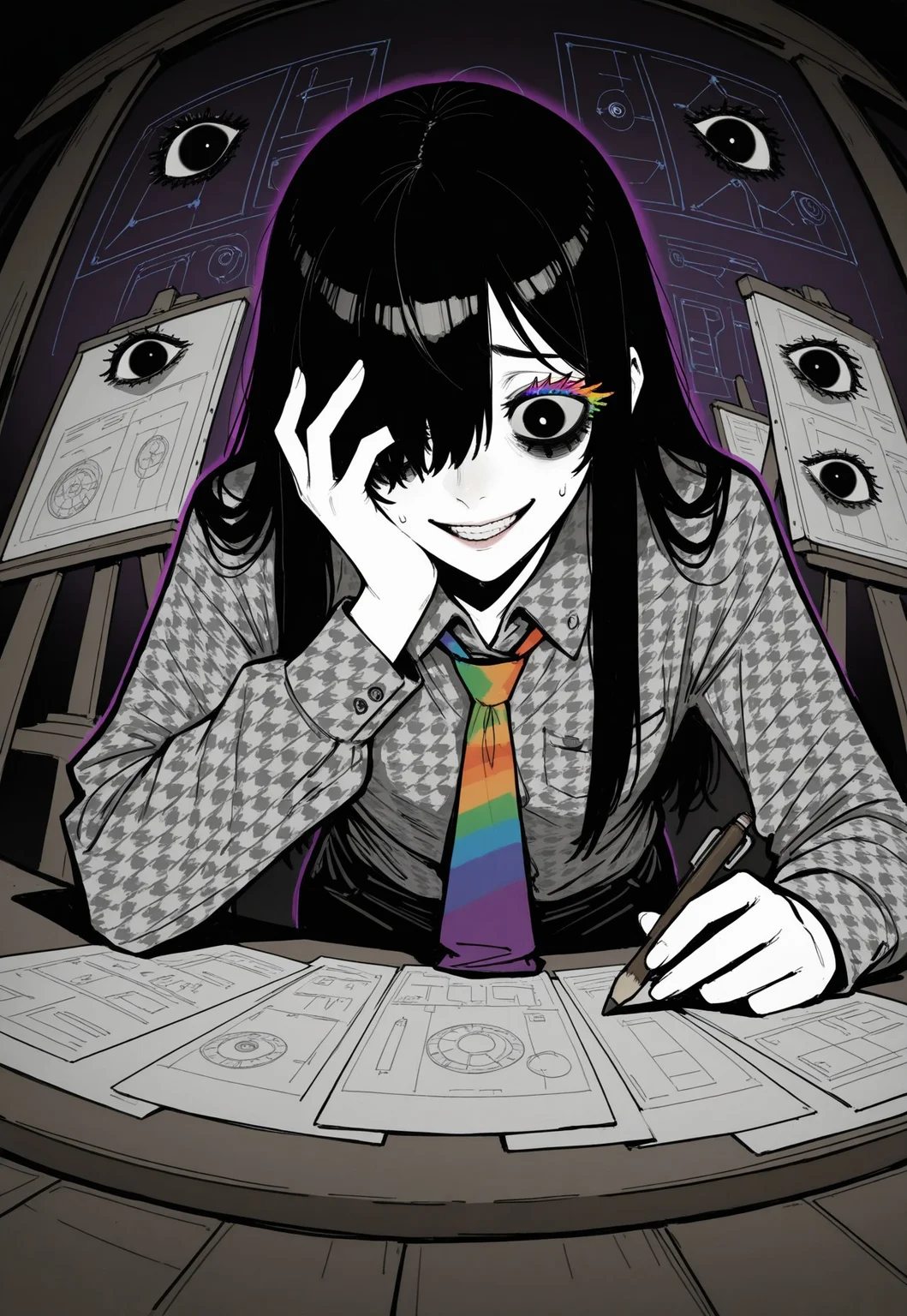 from below, dutch angle, [portrait],
solo, androgynous, mature, holding pencil, looking down, hunched, leaning forward, hand to own face, [one eye covered], loose hair strand, hair strand, long hair, straight hair,
furrowed brow, crazy smile, teeth, sweatdrop,
unbuttoned, houndstooth shirt, unmoving pattern, (colorful_necktie:1.3),
tfaix, bags under eyes, black eyes, white pupils,
different shadow,
(disembodied eye), ominous, rainbow eyelashes,
partially colored, dark background, (blueprint background),
studio, easel, painting, detailed background,
masterpiece, absurdres, newest, [dynamic pose]