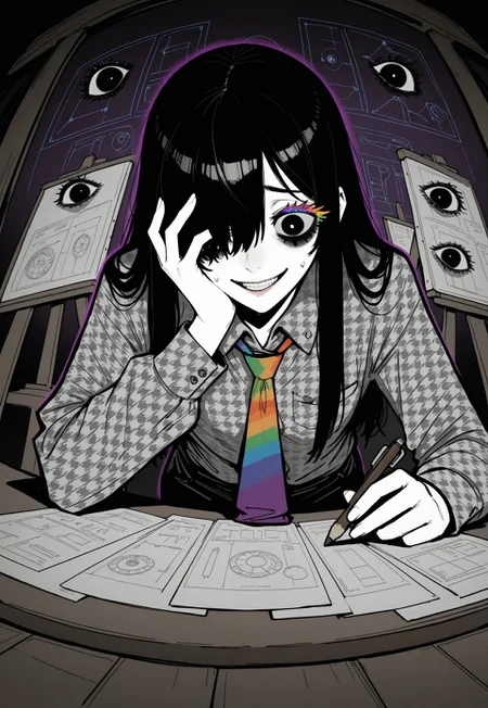 from below, dutch angle, [portrait],
solo, androgynous, mature, holding pencil, looking down, hunched, leaning forward, hand to own face, [one eye covered], loose hair strand, hair strand, long hair, straight hair,
furrowed brow, crazy smile, teeth, sweatdrop,
unbuttoned, houndstooth shirt, unmoving pattern, (colorful_necktie:1.3),
tfaix, bags under eyes, black eyes, white pupils,
different shadow,
(disembodied eye), ominous, rainbow eyelashes,
partially colored, dark background, (blueprint background),
studio, easel, painting, detailed background,
masterpiece, absurdres, newest, [dynamic pose]