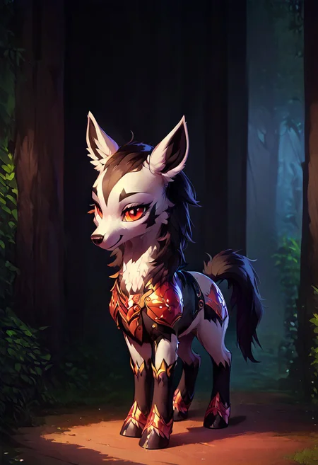 score_9, score_8_up, score_7_up, score_6_up, score_5_up, score_4_up, show accurate:0.5, depth of field, pony, detailed, from above, upturned eyes, pony chibi Mightyena, armor, detailed, beautiful, shiny, soft light, D4rC0m