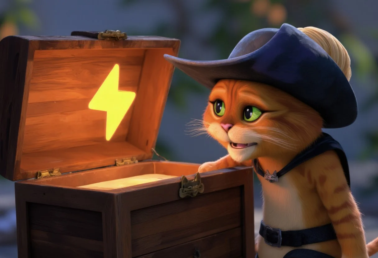 The pussinboots looks with huge eyes and surprise at the open chest, from which a bright light shines and a glowing SuchBuzzLogo is visible. One paw is stretched out to the chest. Shot from the side. Bright colors. wearing a cavalier hat with feather, cape, belt and boots. He is happy
