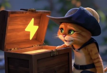 The pussinboots looks with huge eyes and surprise at the open chest, from which a bright light shines and a glowing SuchBuzzLogo is visible. One paw is stretched out to the chest. Shot from the side. Bright colors. wearing a cavalier hat with feather, cape, belt and boots. He is happy