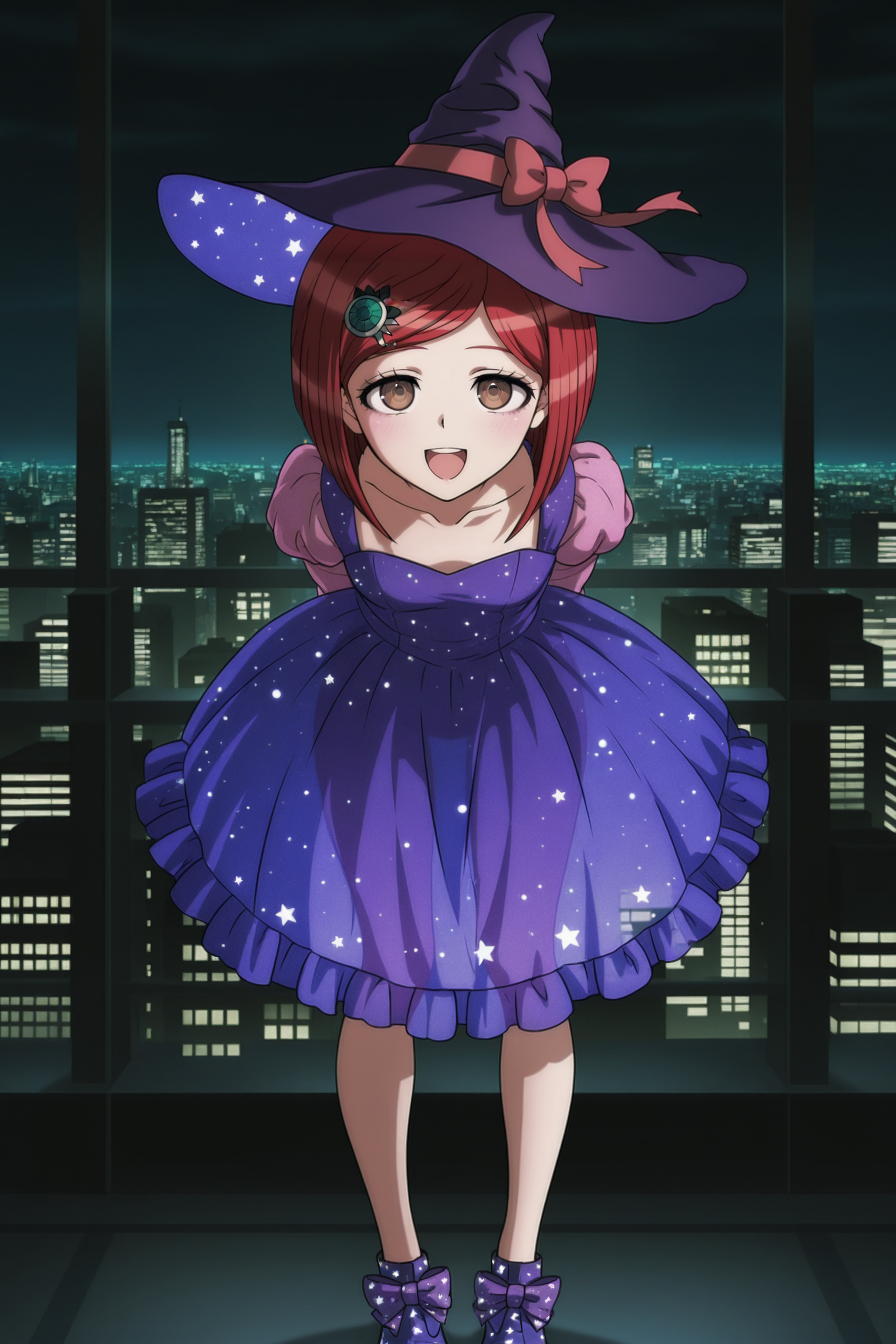 anime screencap, masterpiece, best quality, amazing quality, very aesthetic, absurdres,  newest, (scenery, volumetric lighting),
yumeno himiko, 10th anniversary, official style, 1girl, solo, looking at viewer, smile, short hair, open mouth, bangs, dappled moonlight, hair ornament, long sleeves, small hat, night, night sky, cityscape, star print, hat bow, brown eyes, standing, collarbone, full body, :d, red hair, shoes, print dress, blue footwear, print footwear, hairclip, shiny, arms behind back, leaning forward, shiny hair, arms up, purple headwear, witch hat, upper teeth only, purple dress, purple footwear, footwear bow, see-through skirt, frilled dress, puffy sleeves, pink sleeves, dress bow
 <lora:HimikoYumeno_IL:0.8>