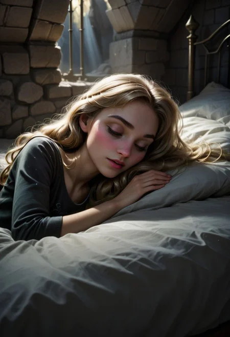 Ultra Realistic, Aurora, slender, asleep, in a messy bed in dark castle, sun ray on her face, lying in a bed, cute