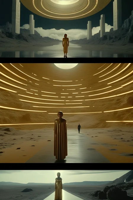 <lora:Director Ridley Scott style:1>Director Ridley Scott style - scenes from a mashup film of The Holy Mountain, Interstellar, Pride & Prejudice, and 2001: A Space Odyssey. Woman and man, gods and goddesses, Ancient Greek, gold, astronaut, rockets, dynamic, soviet brutalist architecture, clouds, stars, spaceship, dark, cinematic, mythology, Ancient Greek gods, gold, photorealistic, Martian landscapes, desert, artistic, high definition, 8k, realistic
