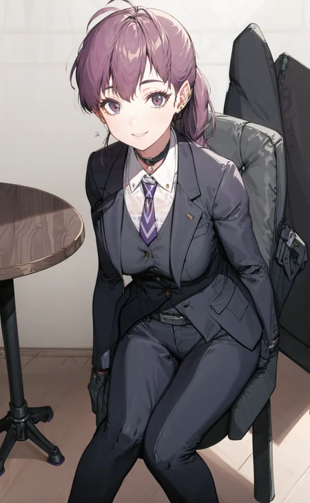 <lora:NIKKE_TetraLine_dolla_v1_epoch-000006:1:NP> best quality, ultra-detailed, dolla, 1girl, solo, long_hair, breasts, bangs, brown_hair, shirt, gloves, long_sleeves, closed_mouth,, purple_eyes, jacket, full_body, ponytail, purple_hair, white_shirt, ahoge, open_clothes, necktie, choker, black_gloves, belt, collared_shirt, pants, , black_footwear, open_jacket, black_jacket, , formal, black_pants, suit,, purple_necktie, earpiece, (looking at viewer, , sitting on chair, table, wooden floor, cafe bar, coffee, happy closed eyes smile:1.3) fisheyes