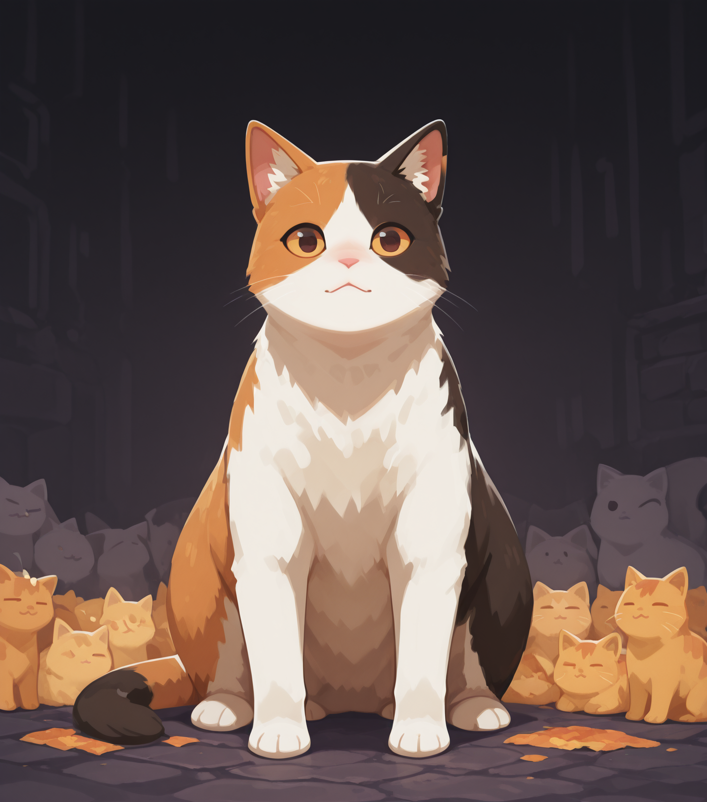 masterpiece, best quality, amazing quality, chubby calico cat, meow, uwu, looking at viewer, no humans, <lora:Minimalism_buns_v2:1> m1n1v2, minimalism,, masterpiece, best quality, amazing quality
