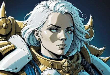 (Digital Illustration), closeup portrait, beautiful sister of battle, white and gold power armor, dynamic composition, comic book \(style\), lineart, [linear], bold lines, dramatic shading, limited color palette, blue and green accents, cohesive, moody atmosphere, extremely detailed, 
<lora:Sisters-of-Battle-subset-000004:1>