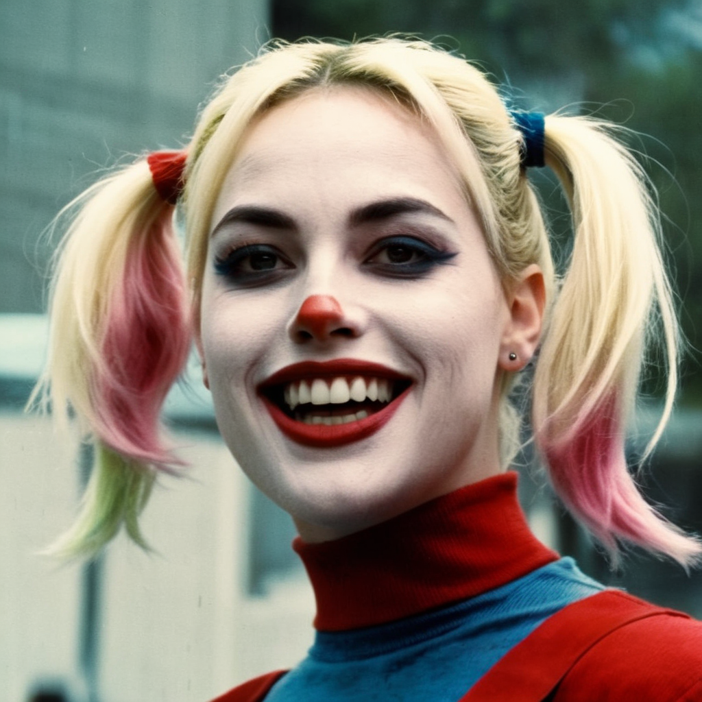 analog film photo of  <lora:Kodak Motion Picture Film Style v4:1>
Best Cinematic horror Picture of harley quinn a crazy looking woman with a pigtail blonde hair and a harley quinn makeup laughing crazy at camera Kodak Motion Picture Film Style, faded film, desaturated, 35mm photo, grainy, vignette, vintage, Kodachrome, Lomography, stained, highly detailed, found footage