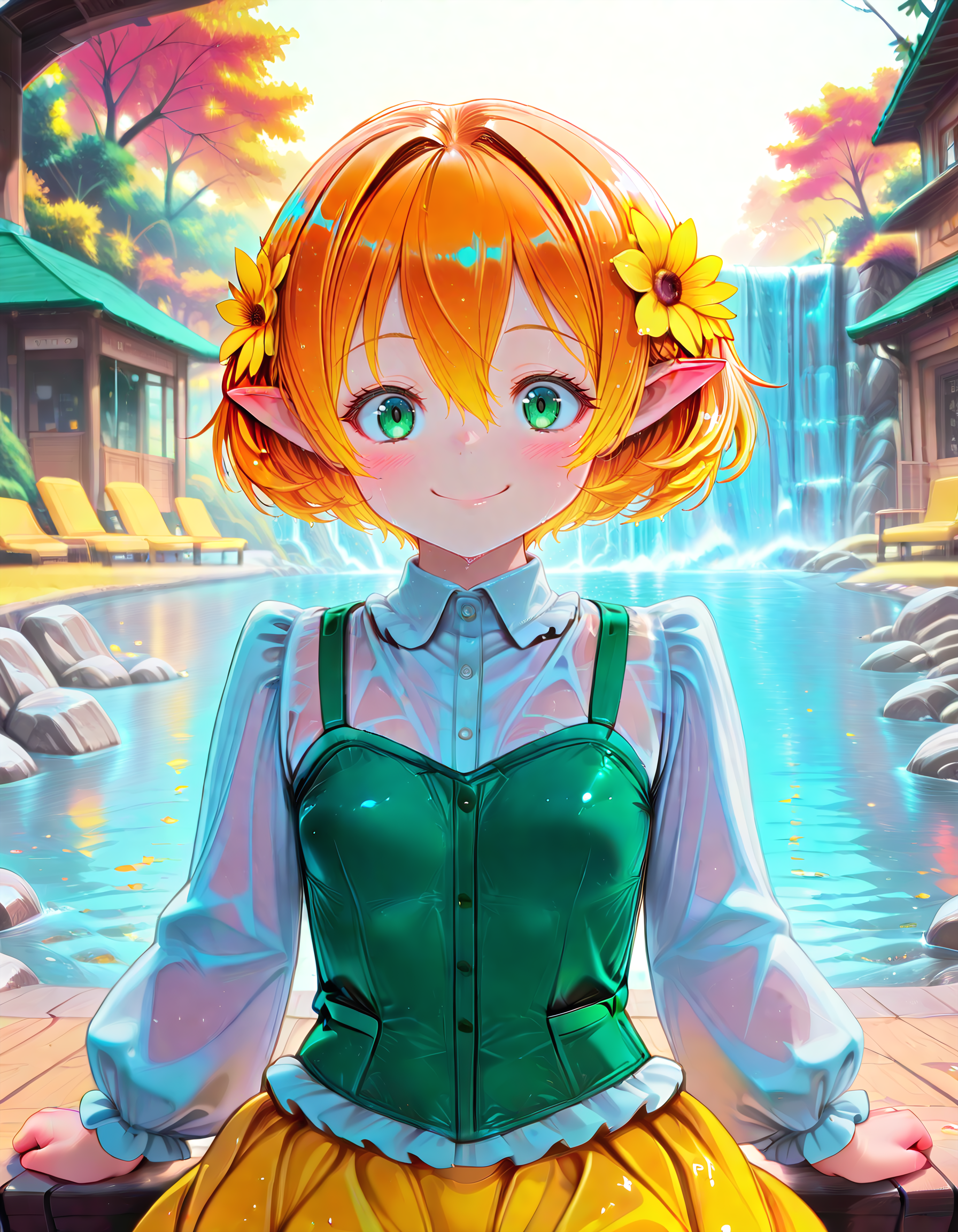 Smooth Quality <lora:michelle_IL:1> michelle, short hair, blonde hair, orange hair, hair flower, pointy ears, elf, green eyes, hair between eyes, yellow flower, aged down, small breasts, white shirt, long sleeves, frills, green vest, yellow skirt, socks, green footwear, yellow footwear, 1girl, blush, closed_mouth, cowboy_shot, outdoors, smile, solo, upper_body, water, waterfall, wet, private_theater_room, plush_seating, dim_lighting, large_screen, cinematic_atmosphere, intimate_pose, (nyatabe:1.3),, <lora:PinkieNeonAnimeIL:1> pinkneonanime, detailed eyes, detailed face, detailed skin <lora:DetailedEyes_V3:1> <lora:cfg_scale_boost:0.7> <lora:lightingSlider:1> golden hour (strong lighting:1.4), <lora:Crazy_Btch_-_Psychopath_expression:1> psych0path <lora:ponyv6_noobE11_2_adamW:0.7>