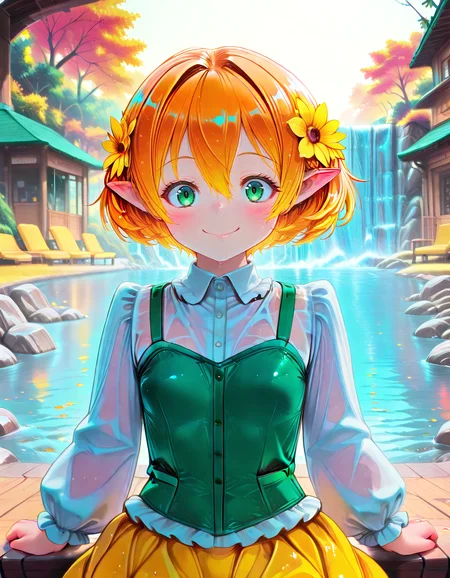 Smooth Quality <lora:michelle_IL:1> michelle, short hair, blonde hair, orange hair, hair flower, pointy ears, elf, green eyes, hair between eyes, yellow flower, aged down, small breasts, white shirt, long sleeves, frills, green vest, yellow skirt, socks, green footwear, yellow footwear, 1girl, blush, closed_mouth, cowboy_shot, outdoors, smile, solo, upper_body, water, waterfall, wet, private_theater_room, plush_seating, dim_lighting, large_screen, cinematic_atmosphere, intimate_pose, (nyatabe:1.3),, <lora:PinkieNeonAnimeIL:1> pinkneonanime, detailed eyes, detailed face, detailed skin <lora:DetailedEyes_V3:1> <lora:cfg_scale_boost:0.7> <lora:lightingSlider:1> golden hour (strong lighting:1.4), <lora:Crazy_Btch_-_Psychopath_expression:1> psych0path <lora:ponyv6_noobE11_2_adamW:0.7>