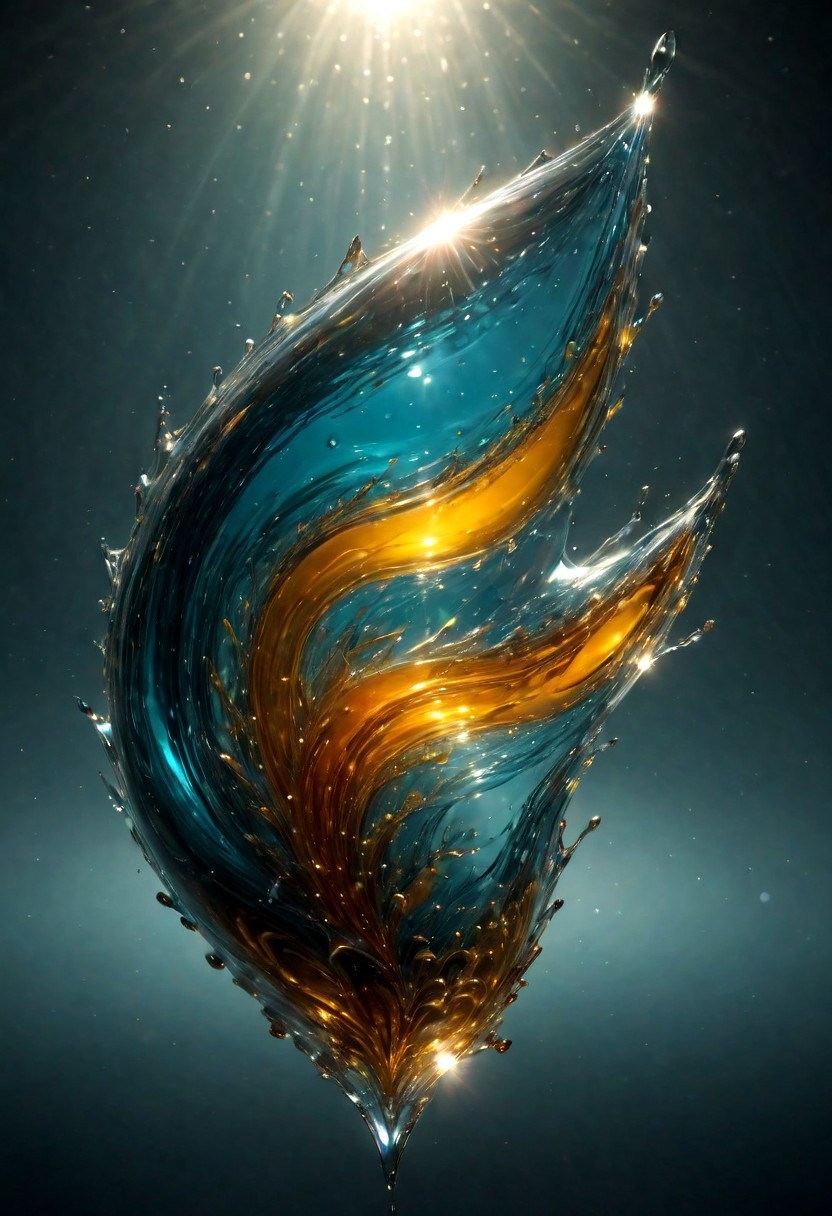 An abstract shape, amazingly fluid, made of glass, detailed, 3d fractals, light particles, water drops, shimmering light, surreal, ink, smooth, shimmering, glow, cinematice contrast, Glow, 16k, crystal clear, colorful, backlight,