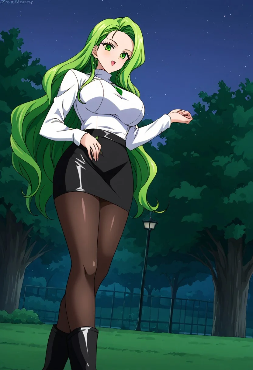 View from below, exelent Quality, very detailed picture, Esmeraude Luna Negra, green hair, green eyes, big breasts, (outfit 02, latex miniskirt, black skirt, pantyhose, white shirt, turtleneck, long sleeves, sleeves beyond the wrists, boots, black shoes), outdoors, night, park