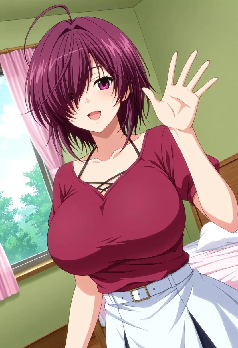 general,highres, ultra-detailed,very aesthetic,best quality ,best hands,best eyes,easynegative,
dynamic anglre, dutch angle, anime cloring,
1girl solo,looking at viewer,bedroom,smile,waving hand,open mouth,
Amane Amamiya,huge breasts,purple hair,short hair,purple eyes,hair over one eye,ahoge,shirt,skirt,