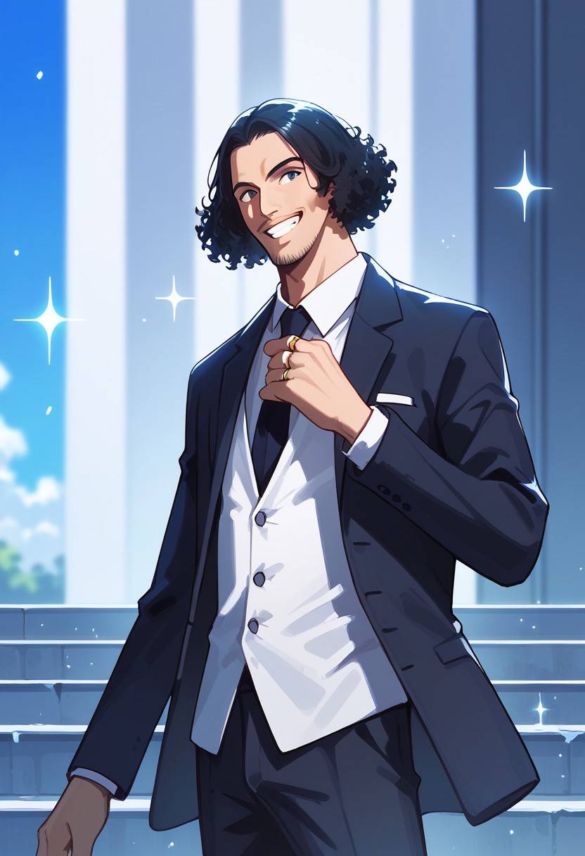 score_9, score_8_up, score_7_up, source_anime, rating_safe, sparkles, glint, glowing, KuzanOP, (black_Kuzan_hair), black_Kuzan_eyes, black_Kuzan_facial hair, 1boy, male focus, adjusting necktie, suit, pants, jewelry, rings, business CEO celebrity, wide smile teeth, cropped legs, hands with five fingers, blurry outdoor stairs, building exterior, cloud, cute wallpaper, realistic shading,