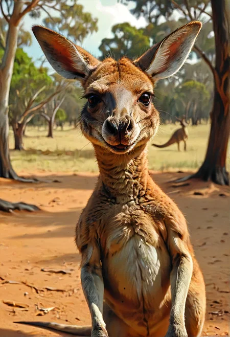 yo, mischievous smiling kangaroo, you look like you're up to something, atmospheric, <lora:SDXL - Style - EldritchRomanceIllustration_0.9.1:0.8> <lora:- SDXL - AI-Breaker_V3.5:0.5> kangaroo