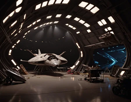 retrofuturism style frelling, frelling interior, scenery, interior of a spaceship garage, spacecraft partially disassembled, science fiction, dramatic lighting, <lora:Frelling_Interior:1.0>